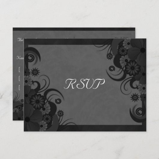 Floral Zwart en Grijs Gothic RSVP Antwoorden Brief Uitnodiging Briefkaart (Voorkant / Achterkant)
