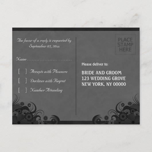 Floral Zwart en Grijs Gothic RSVP Antwoorden Brief Uitnodiging Briefkaart (Achterkant)