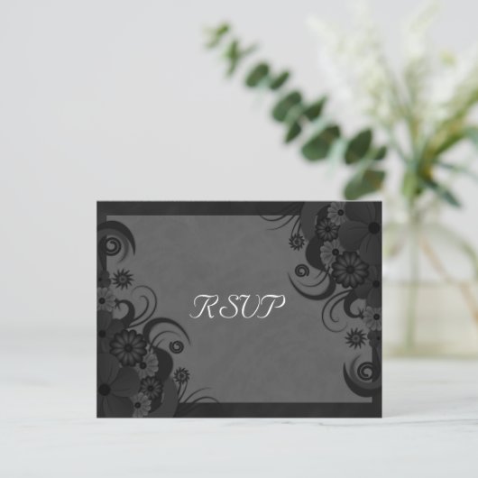 Floral Zwart en Grijs Gothic RSVP Antwoorden Brief Uitnodiging Briefkaart (Staand voorkant)