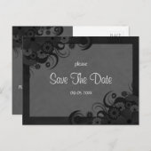 Floral Zwart en Grijs Gothic Save The Date Briefka Aankondigingskaart (Voorkant / Achterkant)