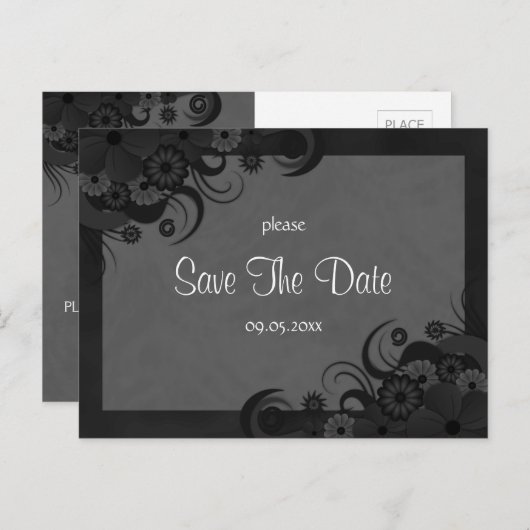 Floral Zwart en Grijs Gothic Save The Date Briefka Aankondigingskaart (Voorkant / Achterkant)