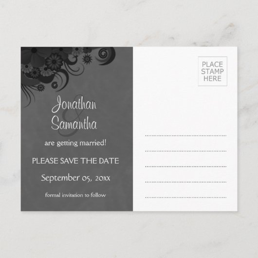 Floral Zwart en Grijs Gothic Save The Date Briefka Aankondigingskaart (Achterkant)
