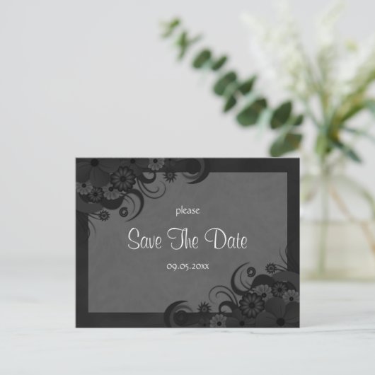 Floral Zwart en Grijs Gothic Save The Date Briefka Aankondigingskaart (Staand voorkant)