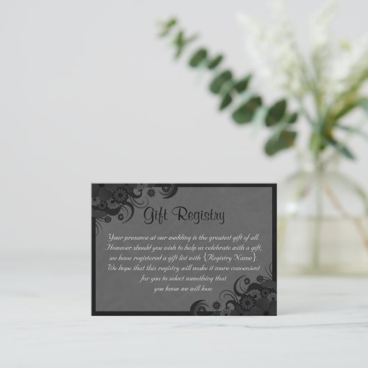 Floral Zwart en Grijs Huwelijkscadeau Registry Informatiekaartje (Staand voorkant)
