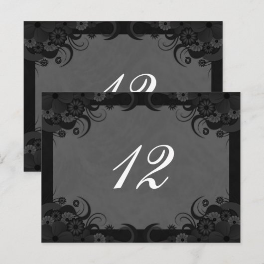 Floral Zwart en Grijs Receptie Tafelnummer Kaarten (Voorkant / Achterkant)