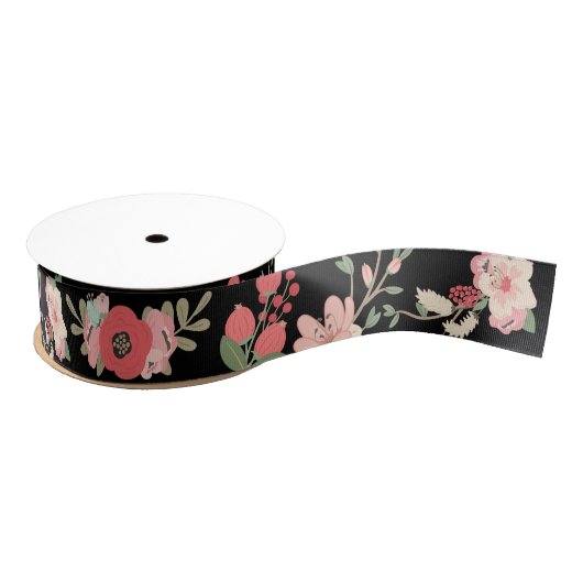Floral, zwart en koraal grosgrain lint (Spoel)