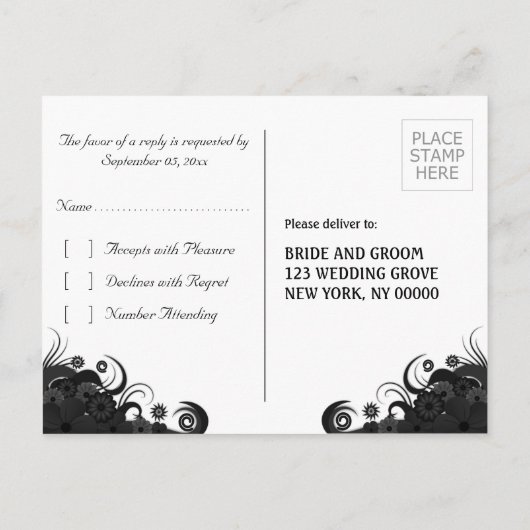 Floral Zwart en Wit Gothic RSVP Antwoorden Briefka Uitnodiging Briefkaart (Achterkant)