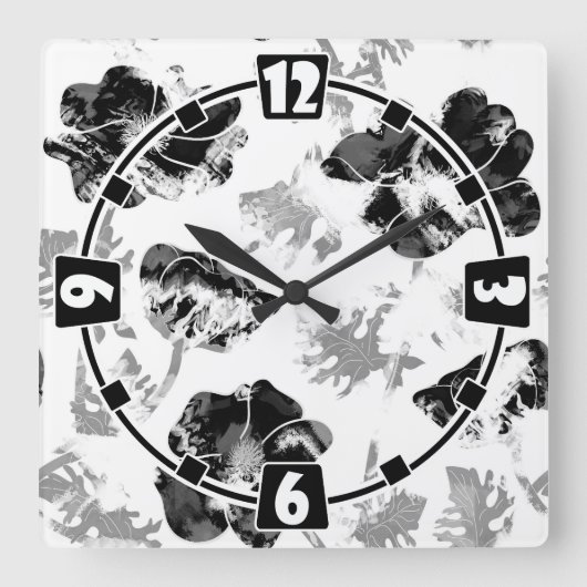 Floral, zwart en wit vierkante klok (Voorkant)