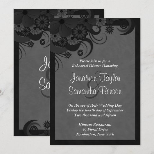 Floral Zwart Grijs Bruiloft repetitie diner uitnod Kaart (Voorkant / Achterkant)