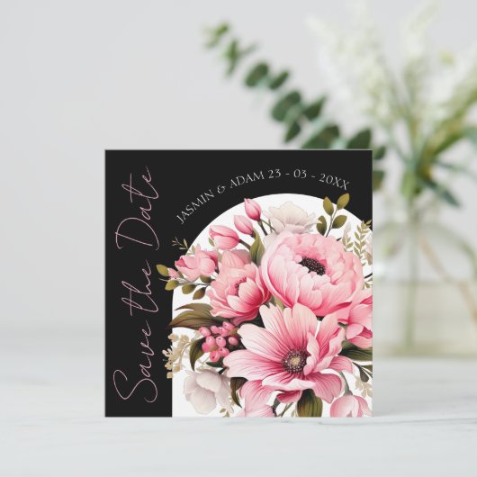 Floral zwart roze boog donker esthetische bruiloft save the date (Staand voorkant)