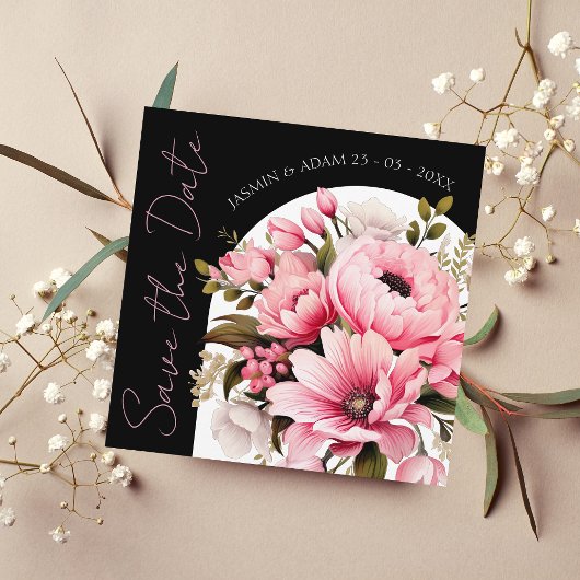 Floral zwart roze boog donker esthetische bruiloft save the date