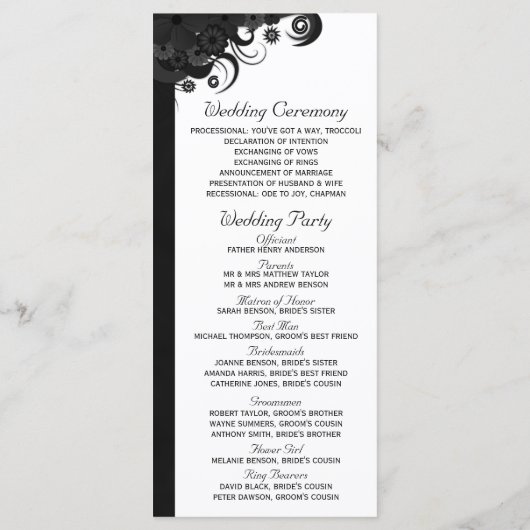 Floral Zwart-wit Gothic Trouwprogramma's Programmakaart (Achterkant)