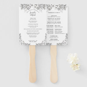 Floral Zwart & Wit Huwelijksprogramma Hand Fan Handwaaier