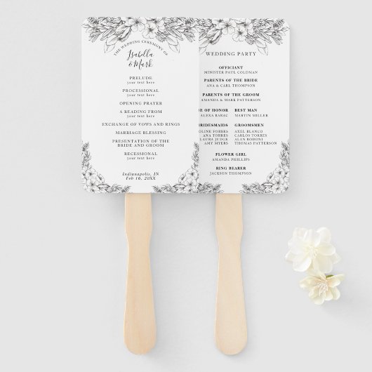 Floral Zwart & Wit Huwelijksprogramma Hand Fan Handwaaier (Voorkant en achterkant)