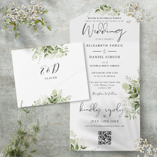 Floral zwart-wit QR code formele bruiloft All In One Uitnodiging