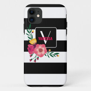 Floral - Zwarte en witte strepen Case-Mate iPhone Case