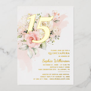 Florale 15e verjaardag Quinceanera Script Goud Folie Uitnodiging
