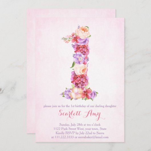 florale 1e verjaardagskaarten met nummer 1 kaart (Voorkant / Achterkant)