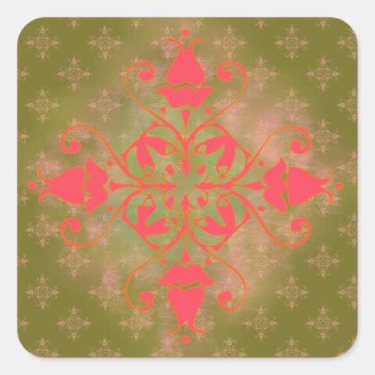 florale achtergrond van olijfmos roze vierkante sticker (Voorkant)