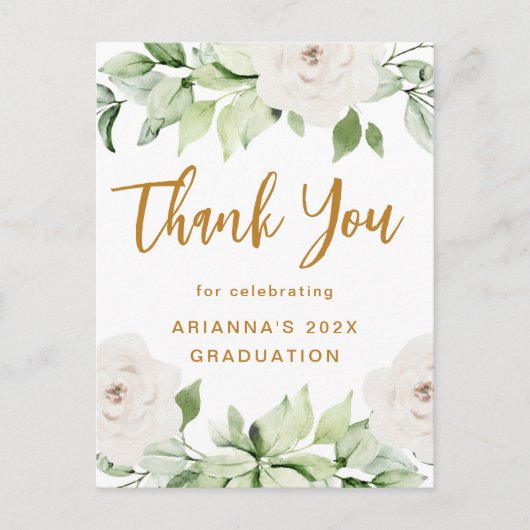 Florale Afstudeer Bedankt Script Wit Briefkaart (Voorkant)