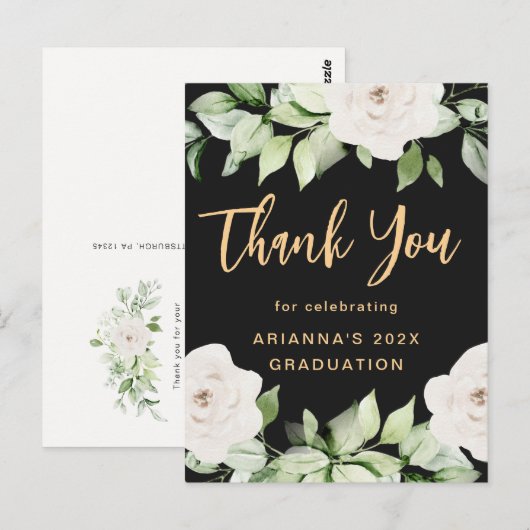 Florale Afstudeer Bedankt Script Zwart Briefkaart (Voorkant / Achterkant)