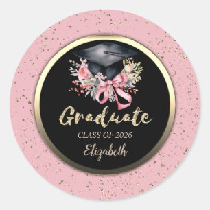 Florale afstudeerhoed roze strik confetti ronde sticker