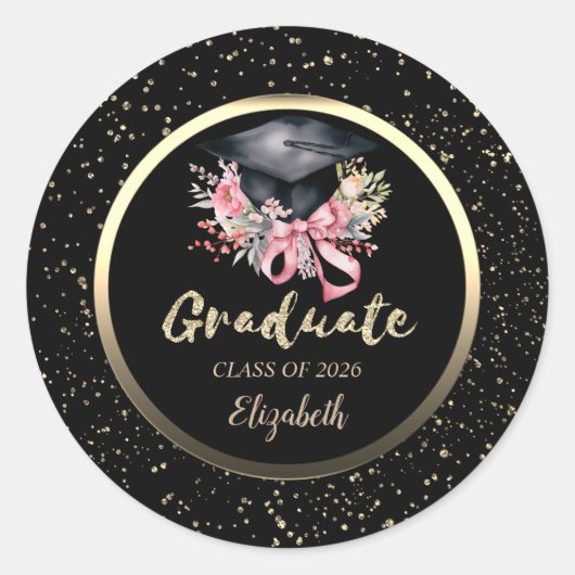 Florale afstudeerhoed roze strik confetti ronde sticker (Voorkant)