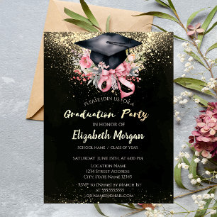 Florale afstudeerhoed, strikconfetti afstudeerfees kaart