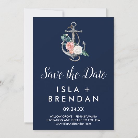 Florale Anker | Navy Zomer Save the Date Kaart (Voorkant)