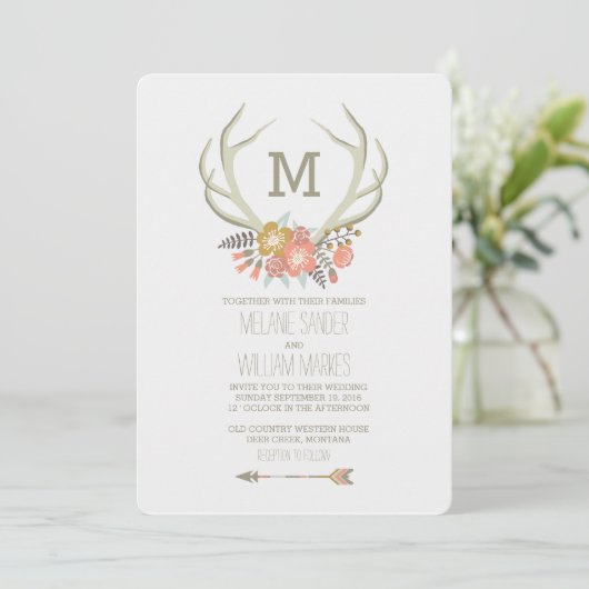FLORALE ANTLERS | RUSTISCHE WEDINGINVITATIE KAART (Staand voorkant)