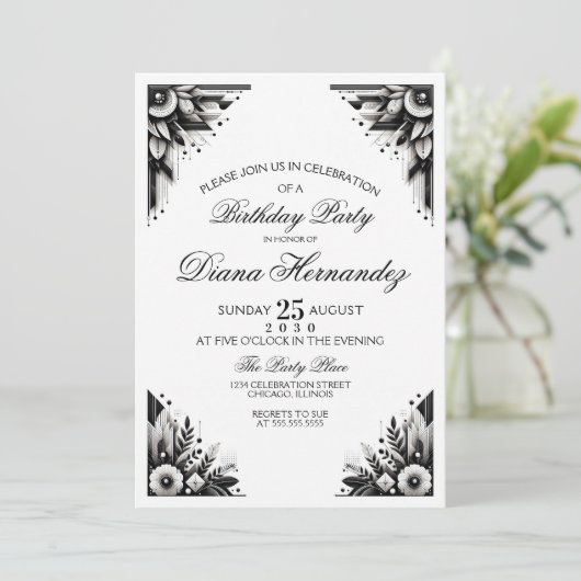 Florale Art Deco-feestuitnodiging Kaart (Staand voorkant)