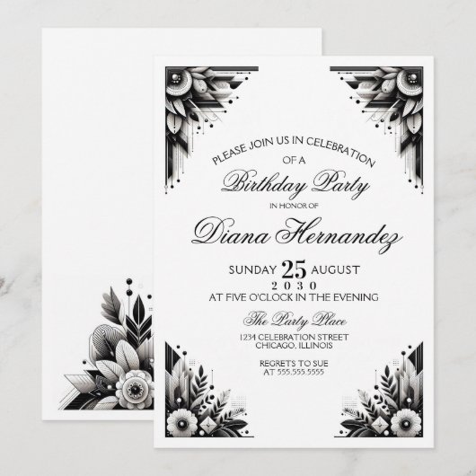 Florale Art Deco-feestuitnodiging Kaart (Voorkant / Achterkant)