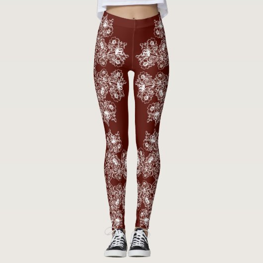 Florale barokstijl maroon patroon. leggings (Voorkant)