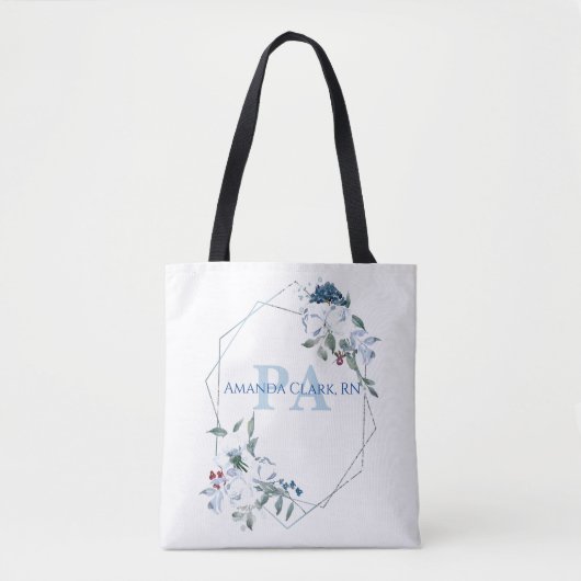 Florale Blauwe Gepersonaliseerde PA Monogram Tote Bag (Voorkant)