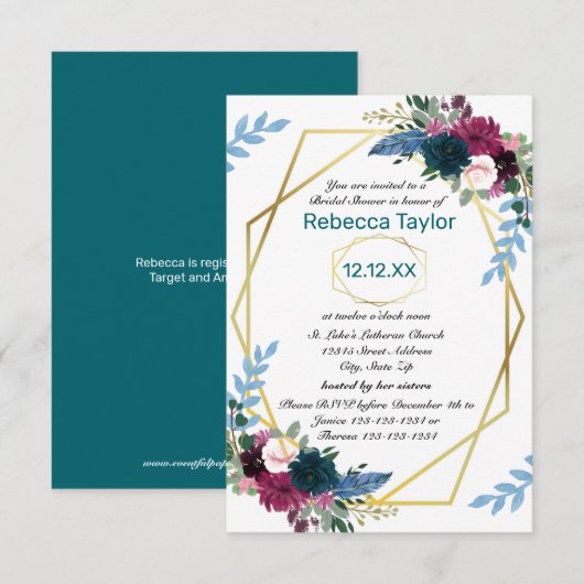 Florale Bloei Mod Vert Teal - 3x5 Bruiloftsfeest Kaart (Voorkant / Achterkant)
