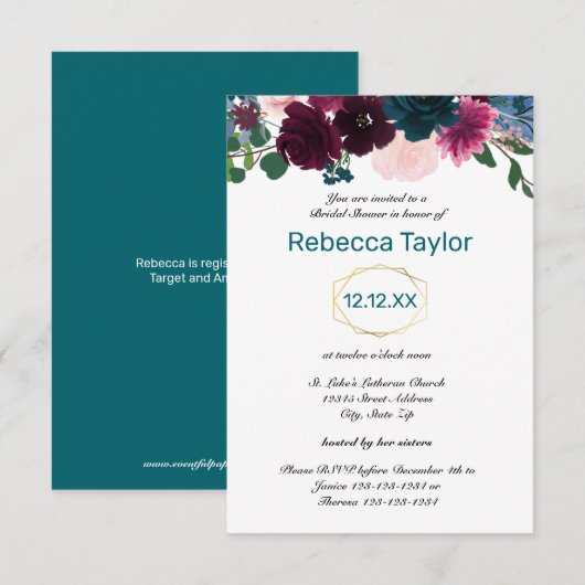 Florale Bloei Teal Verticaal - 3x5 Bruidsdouche Kaart (Voorkant / Achterkant)
