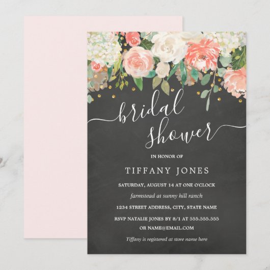 Florale Blush Confetti Krijtbord Bruiloftsborrel Kaart (Voorkant / Achterkant)