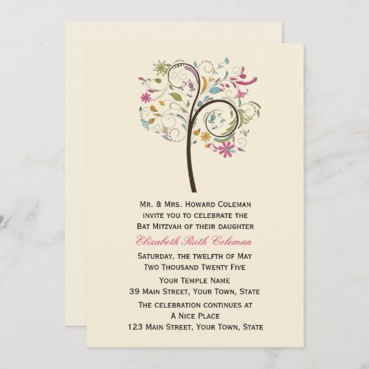 Florale boom, uitnodiging van Bat Mitzvah (Voorkant / Achterkant)