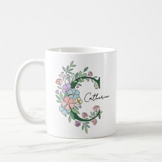 Florale Botanische Monogram | Elegante Aangepaste Koffiemok (Links)