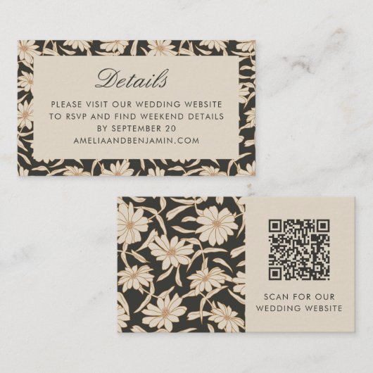 Florale Botanische Zwarte Ivoor Huwelijks RSVP QR Informatiekaartje (Voorkant / Achterkant)