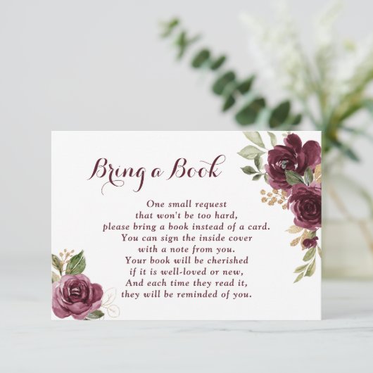 Florale Bourgondië Baby Shower Breng een boek RSVP Kaartje (Staand voorkant)
