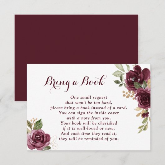 Florale Bourgondië Baby Shower Breng een boek RSVP Kaartje (Voorkant / Achterkant)