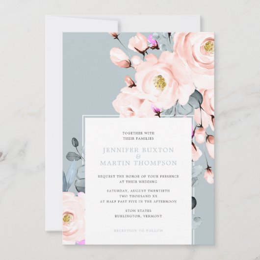 Florale bruiloft met blush en Dusty Blue Waterverf Kaart (Voorkant)