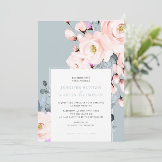 Florale bruiloft met blush en Dusty Blue Waterverf Kaart (Staand voorkant)