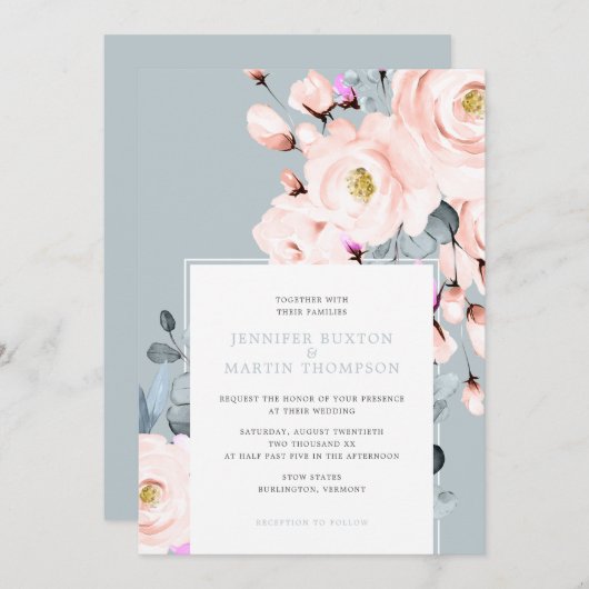 Florale bruiloft met blush en Dusty Blue Waterverf Kaart (Voorkant / Achterkant)