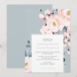 Florale bruiloft met blush en Dusty Blue Waterverf Kaart