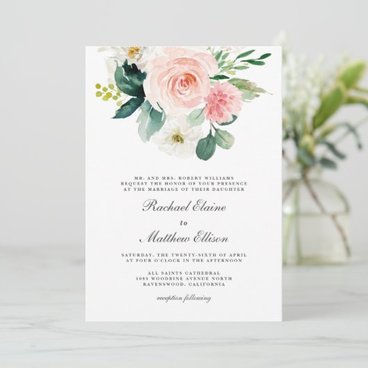Florale bruiloft met Blush Pink en White Waterverf Kaart (Staand voorkant)