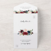 Florale bruiloft met RSVP van de Burgundy Red Navy All In One Uitnodiging (Buitenkant)