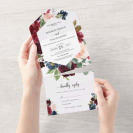 Florale bruiloft met RSVP van de Burgundy Red Navy All In One Uitnodiging