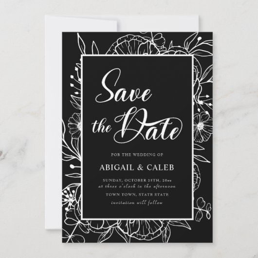 Florale bruiloft met zwarte en witte inkt save the date (Voorkant)